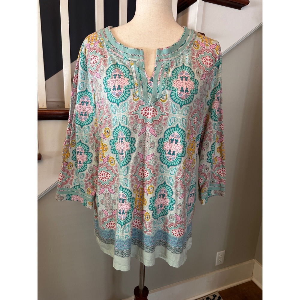 Talbots Paisley Tunic Top Womens XL Pastel Pima Cotton Modal 3/4‎ Sleeve Coastal - Picture 2 of 13